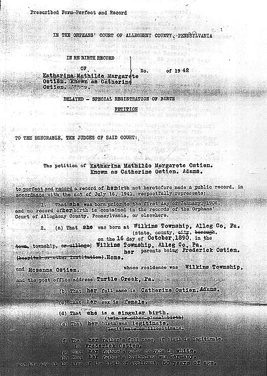 Catherine Ostien's Birth Certificate - Pg. 1
