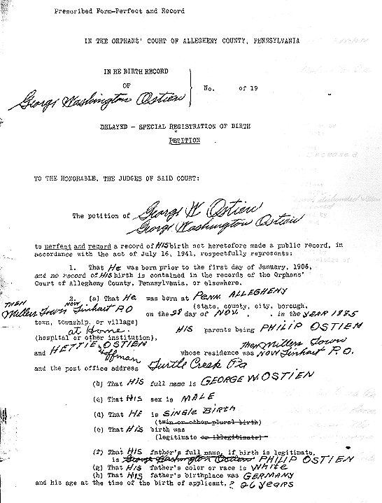 George Ostien's Birth Certificate - Pg. 1